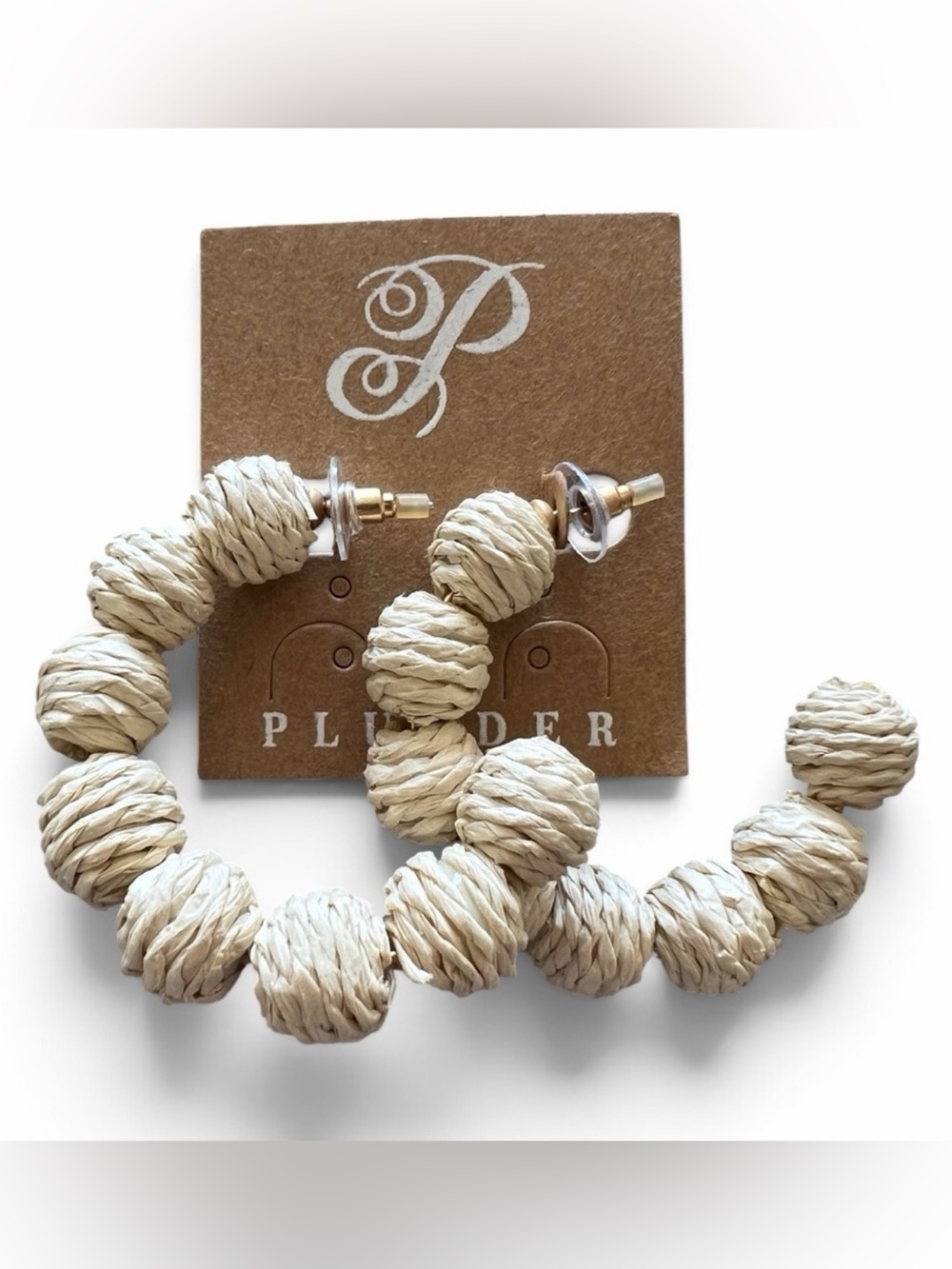 Plunder Cream Rattan Bead Hoop Earrings with Gold Posts
